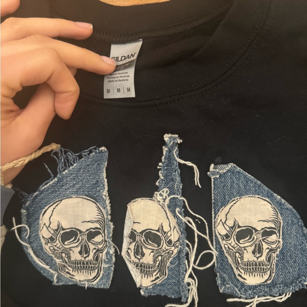 skeleton denim patchwork crewneck - Picture 4 of 8